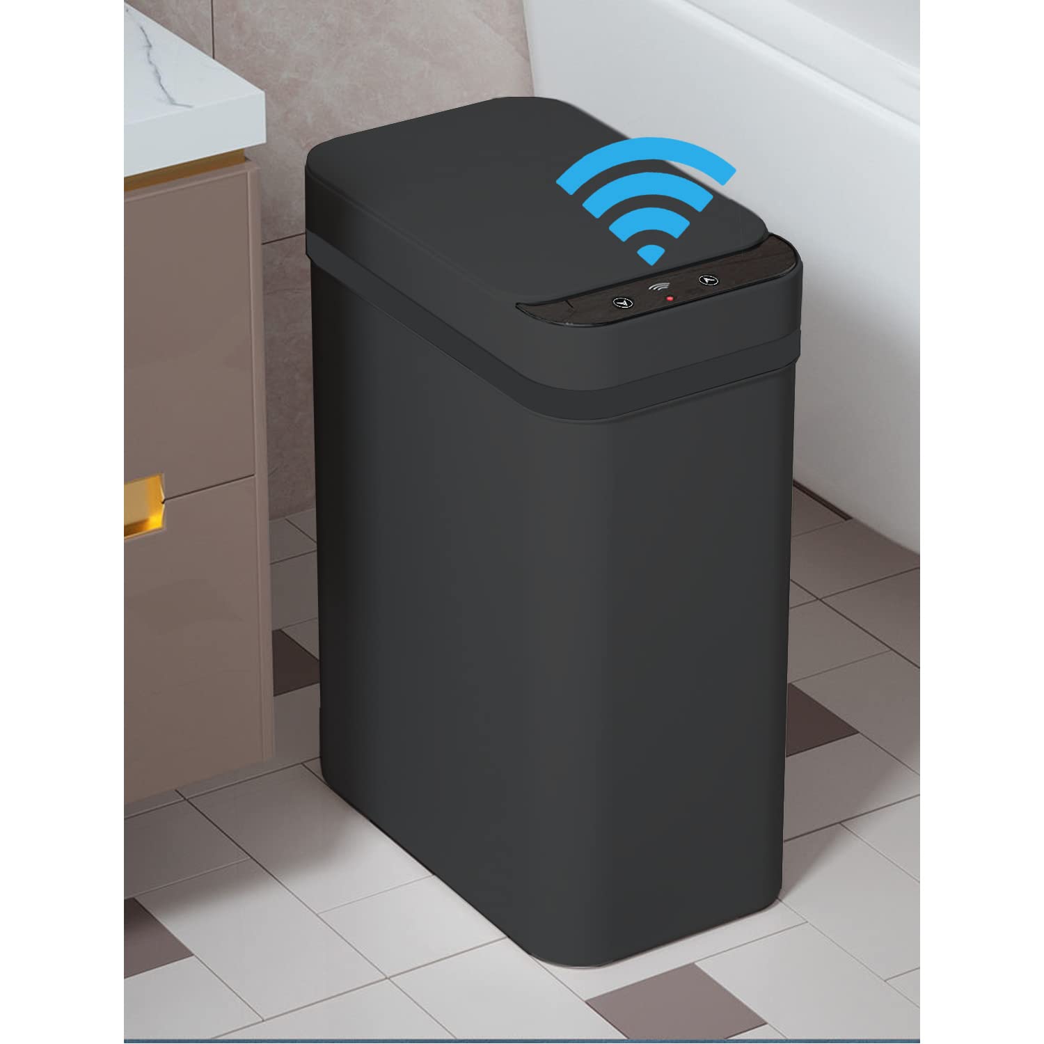 Yatmung Touchless Bathroom Trash Can - 2.5 Gallon Smart Trash Can Sensor Motion - Skinny Trash Bin with Lid - Electric. Narrow. Plastic. Auto Open - Small Slim Automatic Garbage Can (Black)
