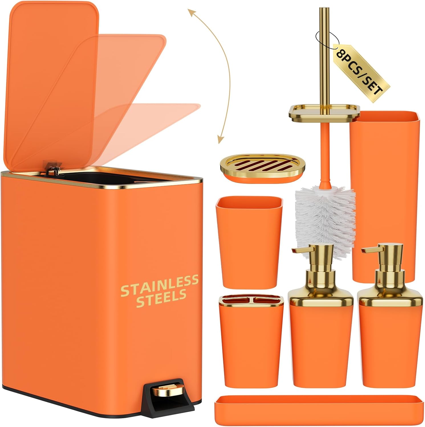 Bathroom Accessories 8 Piece Orange and Gold Bathroom Set. Bath Accessories with Stainless Steel Trash Can.Toilet Brush.Toothbrush Set.Soap Dispenser