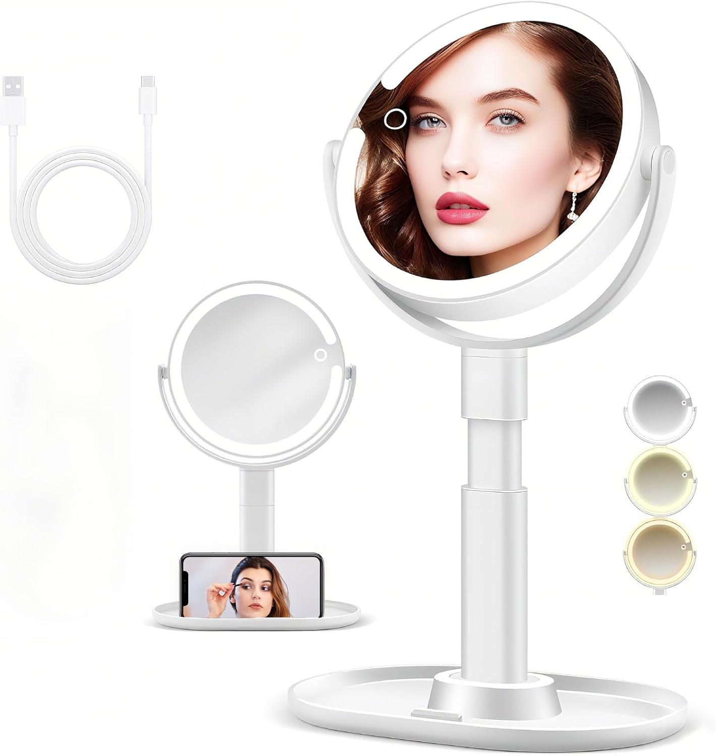 Makeup Mirror with Lights. 10X Magnifying Mirror & 3 Color Modes. 8 Double Touch Height Adjustable Vanity Mirror with Type-C Fast Charge. Travel Mirror for Bathroom. Gifts for Women. White