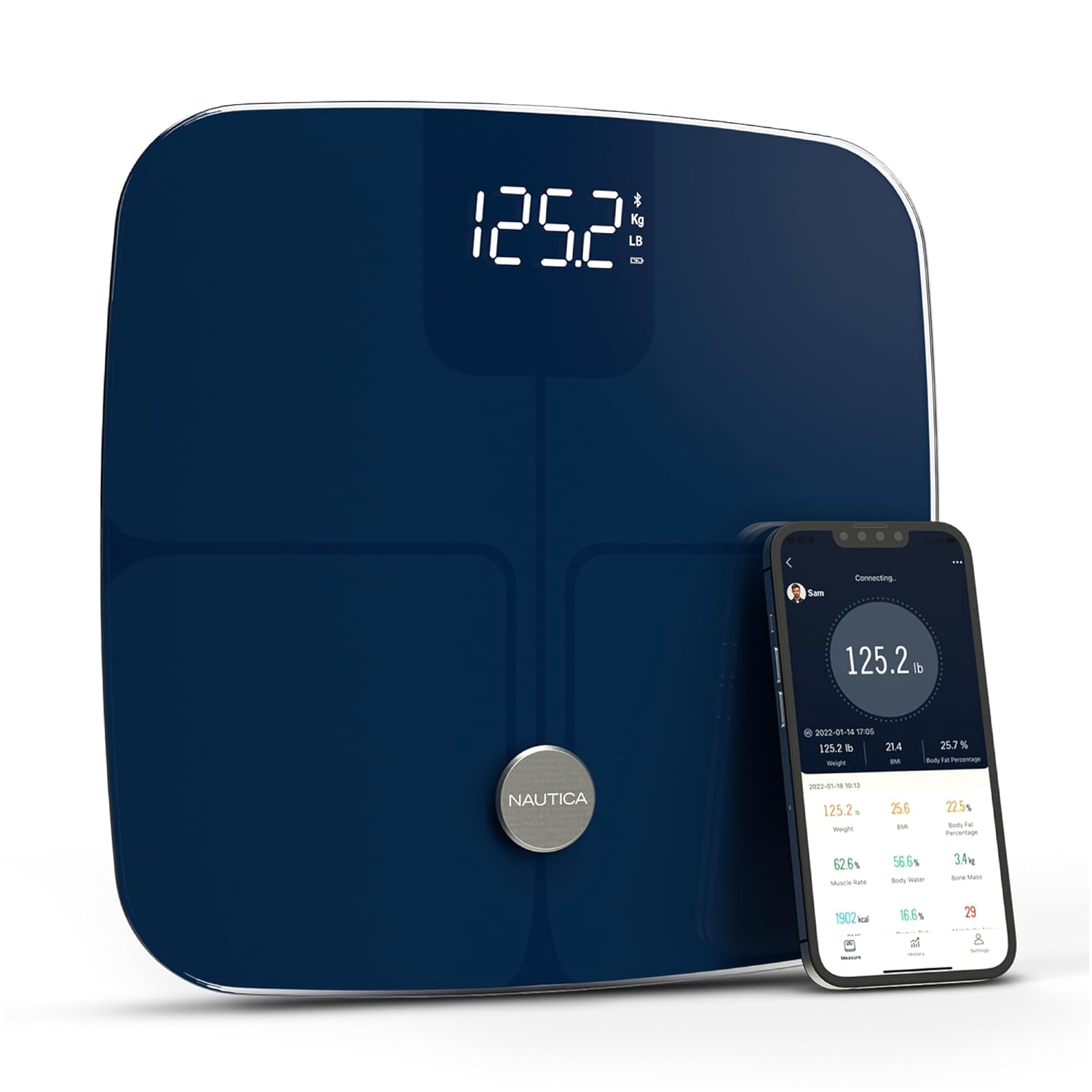 Nautica Body Tracker Digital Bathroom Scale. Bluetooth-Enabled Smart Scale with BMI. Body Fat. Muscle Mass Tracking & More. Syncs with Smartphone App for Body Composition Tracking. 440 Lbs.