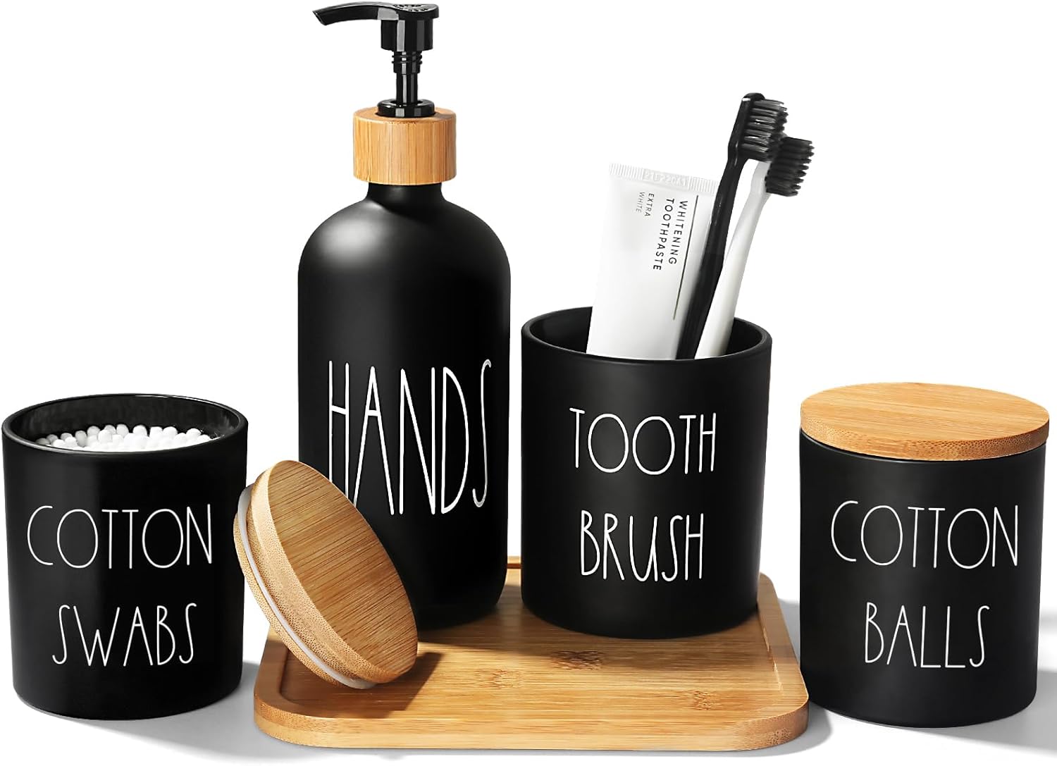 Matte Black Bathroom Accessories Set. 5 Pcs Glass Bathroom Accessory Set with Bamboo Tray. Soap Dispenser and Toothbrush Holder Set. Qtip Holder Set. Farmhouse Boho Bathroom Set Complete