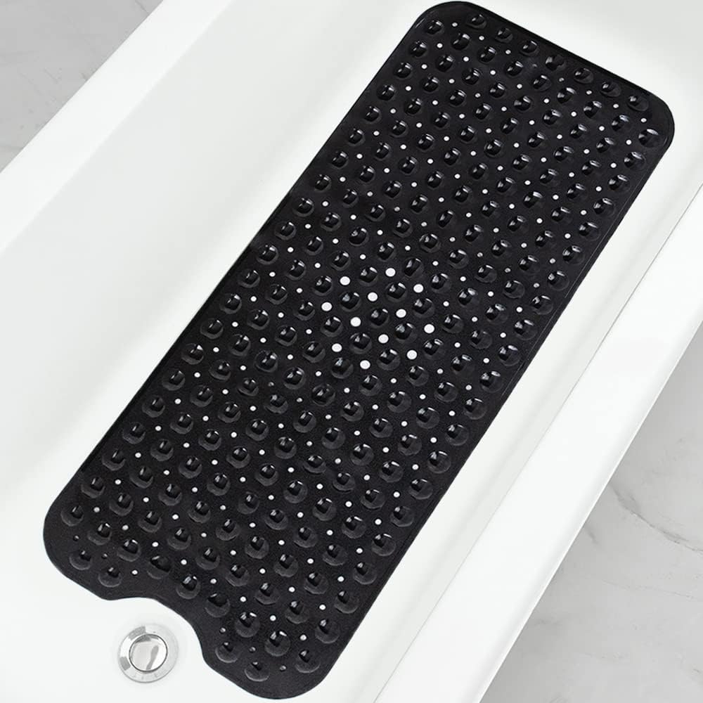 Linoows Bathtub and Shower Mats. Extra Long Non-Slip Bath Mat 39 x 16 Inch. Machine Washable Bath Tub Mat with Suction Cups & Drain Holes for Bathroom. Black
