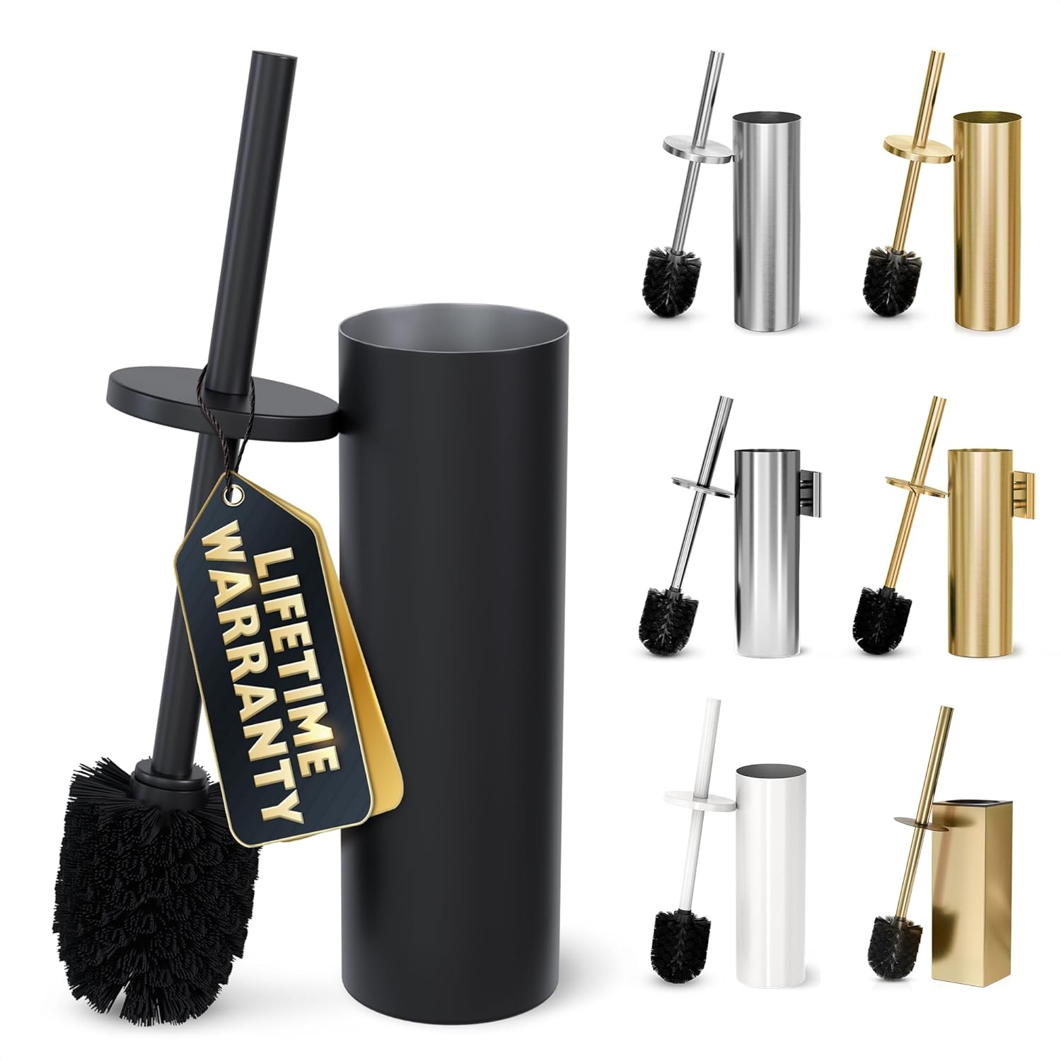 Stylish Stainless Steel Toilet Brush and Holder Set - Silver Toilet Bowl Brush and Holder with Splash Cover. Sturdy Bristles. Corrosion & Scratch Resistant - Elegant Design. Effective Deep Cleaning
