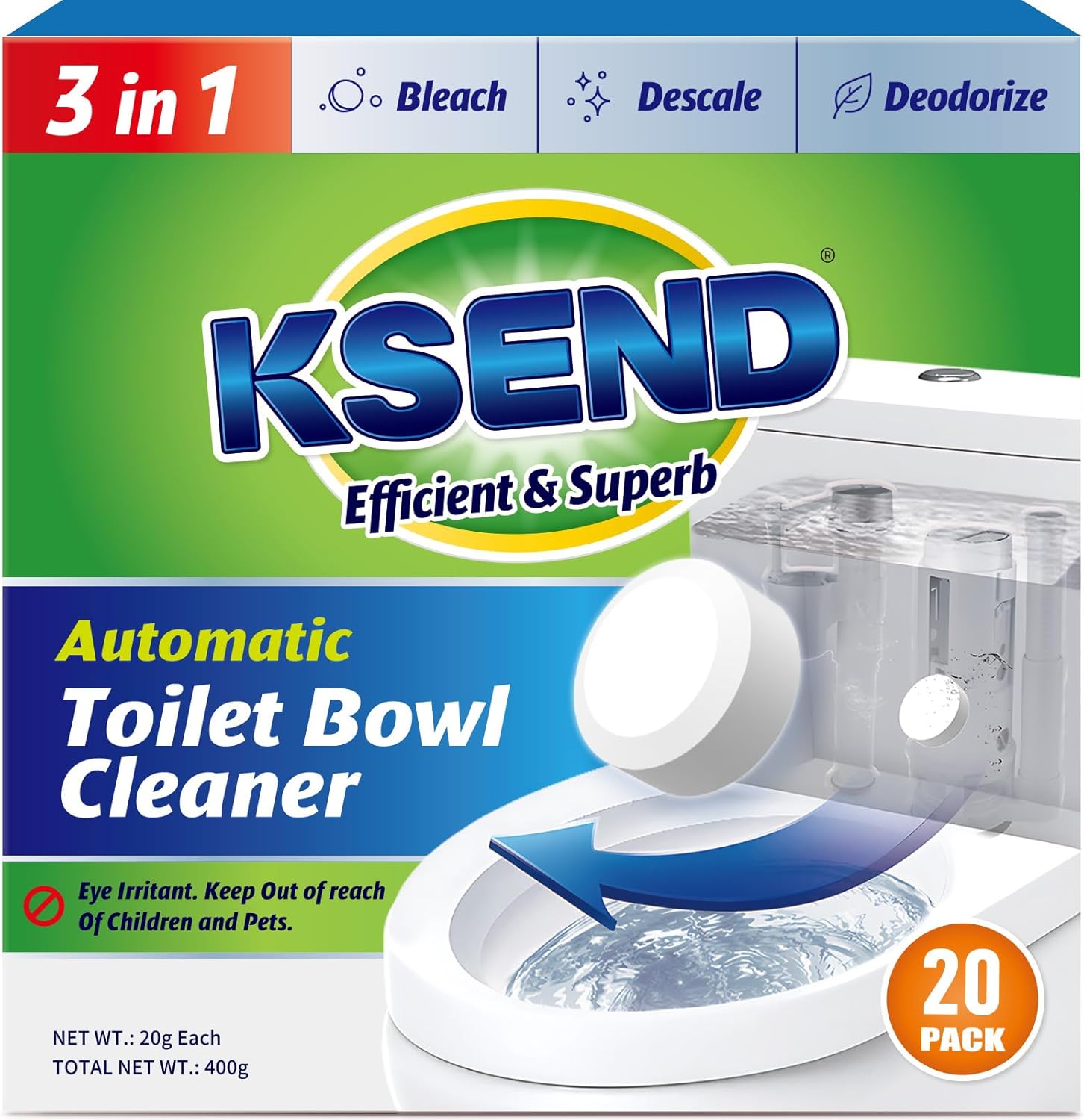Toilet Bowl Cleaner Tablets - 20 PCS Automatic Bleach Toilet Cleaner Tablets. Slow-Releasing Deodorizing & Descaling. Powerful Bathroom Tank Cleaner