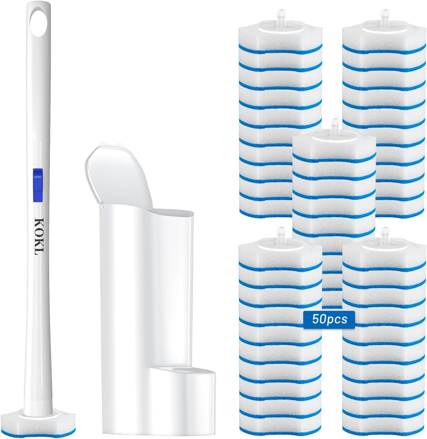KOKL Disposable Toilet Brush. Toilet Bowl Cleaner Brush with 50PCS Toilet Brush Refills. Toilet Cleaner Refill Pads. Disposable Toilet Bowl Brush and Storage Caddy for Bathroom Cleaning(1-Set)