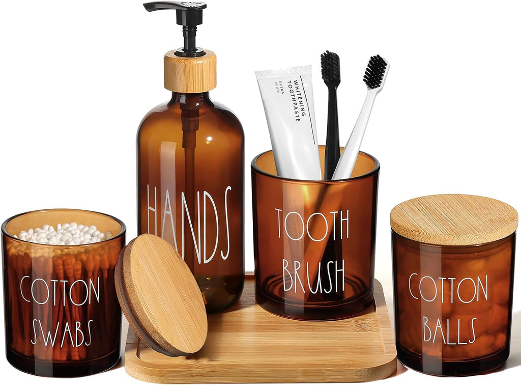Matte Black Bathroom Accessories Set. 5 Pcs Glass Bathroom Accessory Set with Bamboo Tray. Soap Dispenser and Toothbrush Holder Set. Qtip Holder Set. Farmhouse Boho Bathroom Set Complete