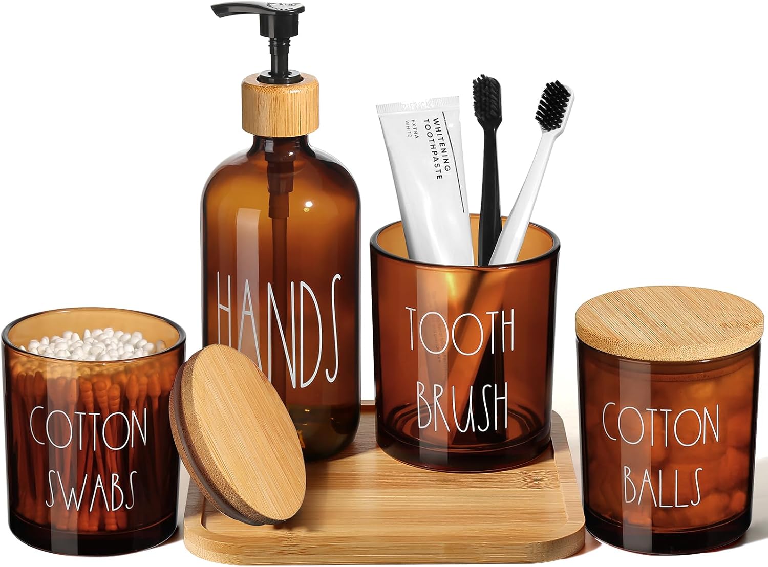 Matte Black Bathroom Accessories Set. 5 Pcs Glass Bathroom Accessory Set with Bamboo Tray. Soap Dispenser and Toothbrush Holder Set. Qtip Holder Set. Farmhouse Boho Bathroom Set Complete