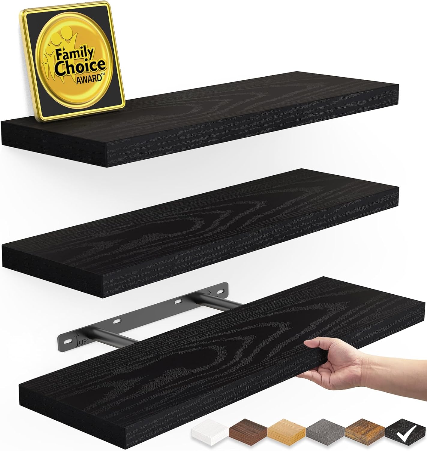 BAYKA Floating Shelves for Wall. Wall Mounted Rustic Wood Shelves for Bathroom. Bedroom. Living Room. Kitchen. Hanging Shelf for Books/Storage/Room Decor with 22lbs Capacity (Black. Set of 3. 15.7in)