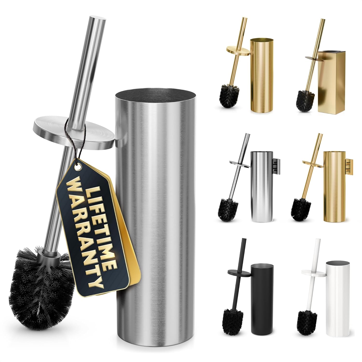 Stylish Stainless Steel Toilet Brush and Holder Set - Silver Toilet Bowl Brush and Holder with Splash Cover. Sturdy Bristles. Corrosion & Scratch Resistant - Elegant Design. Effective Deep Cleaning