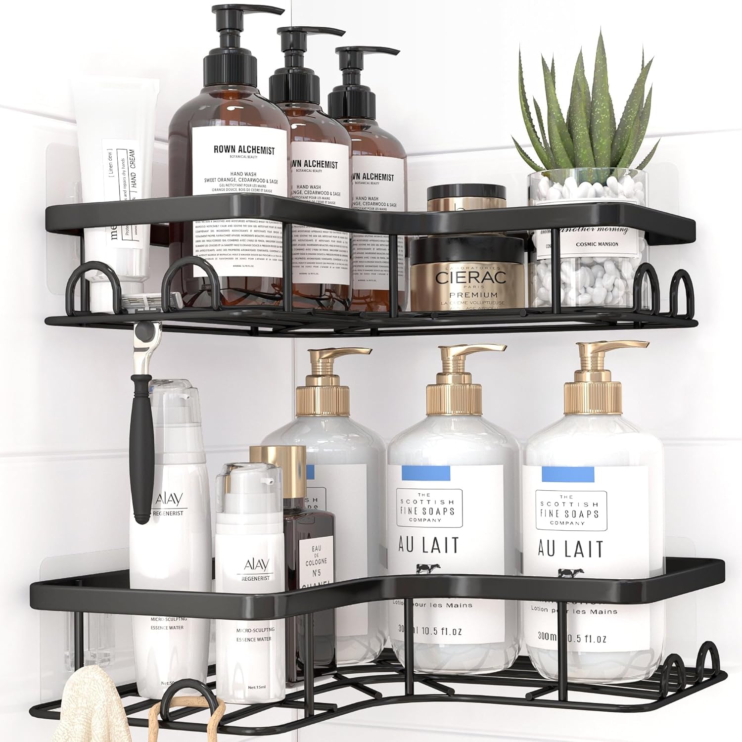 Corner Shower Caddy - 2 Pack. Adhesive Shower Organizers. Rustproof Stainless Steel Shower Shelves with 8 Hooks. No Drilling Bathroom Organizers and Storage Racks. Space-Saving. Black.Medium