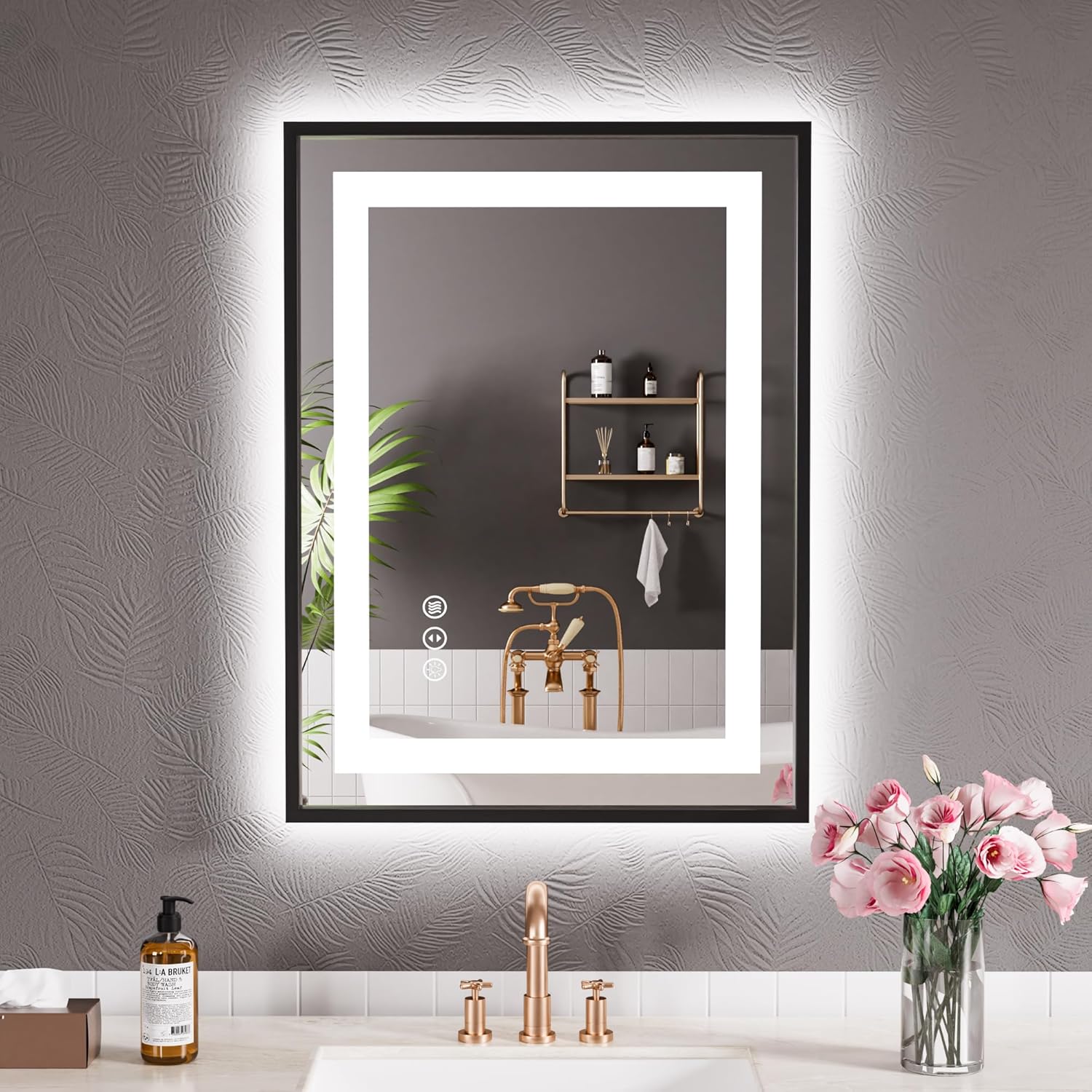 LED Bathroom Mirror.24x32 Black Frame Led Mirror. Front Light and Backlit. Stepless Dimmable. Anti-Fog. Shatter-Proof. Memory. 3 Colors. Double LED Vanity Mirror